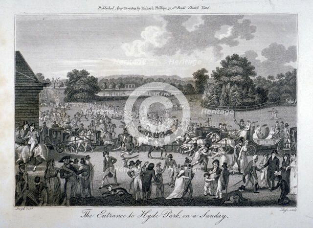 View of the crowded entrance to Hyde Park on a Sunday, London, 1804.                                 Artist: John Pass