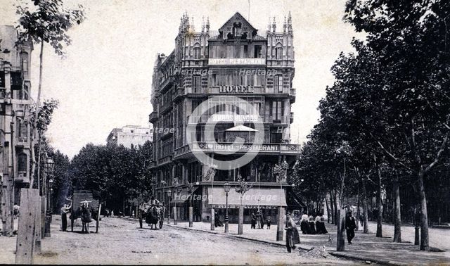 View of the Ambos Mundos Hotel in the corner of Ronda San Pedro and Ali-Bey streets of Barcelona …