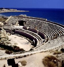 View of the amphitheater of Tarragona, the sea in background