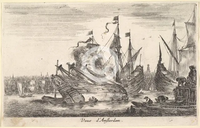 View of the Amsterdam seaport (Veue d'Amsterdam), men in rowboats work on a ship in center..., 1647. Creator: Stefano della Bella.