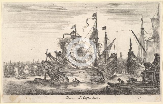 View of the Amsterdam seaport (Veue d'Amsterdam), men in rowboats work on a ship in center..., 1647. Creator: Stefano della Bella.