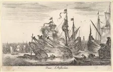 View of the Amsterdam seaport (Veue d'Amsterdam), men in rowboats work on a ship in center..., 1647. Creator: Stefano della Bella