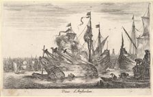 View of the Amsterdam seaport (Veue d'Amsterdam), men in rowboats work on a ship in center..., 1647. Creator: Stefano della Bella