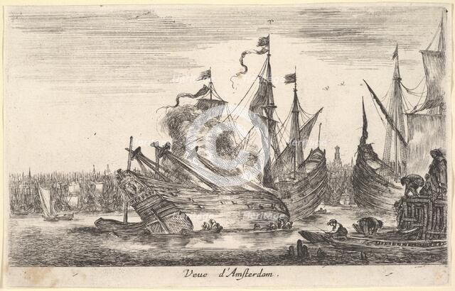 View of the Amsterdam seaport (Veue d'Amsterdam), men in rowboats work on a ship in center..., 1647. Creator: Stefano della Bella.