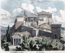 View of the Acropolis and the Parthenon, colored engraving, 1865