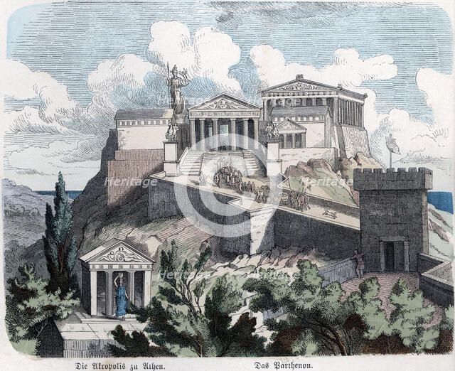 View of the Acropolis and the Parthenon, colored engraving, 1865.