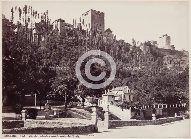 View of the Alhambra on the Hill of the Chapiz, Granada, between 1875 and 1892. Creator: Juan Laurent.