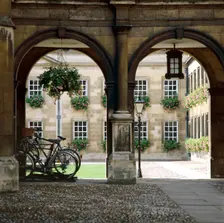 View of the arcade with bicycles, Peterhouse College, Cambridge, Cambridgeshire, c2000s(?)