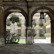 View of the arcade with bicycles, Peterhouse College, Cambridge, Cambridgeshire, c2000s(?)