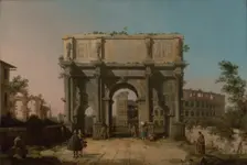 View of the Arch of Constantine with the Colosseum, 1742-1745. Creator: Canaletto