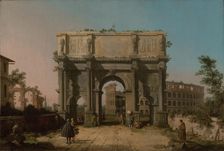 View of the Arch of Constantine with the Colosseum, 1742-1745. Creator: Canaletto