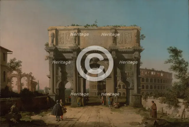 View of the Arch of Constantine with the Colosseum, 1742-1745. Creator: Canaletto.
