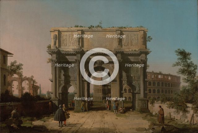 View of the Arch of Constantine with the Colosseum, 1742-1745. Creator: Canaletto.
