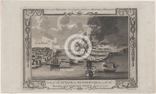 View of the Attack on Bunker's Hill, with the Burning of Charles Town, June 17, 1775, 1781-1783. Creator: John Lodge.