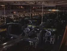 View of the B-25 final assembly line at North American Aviation's Inglewood, California, plant, 1942 Creator: Alfred T Palmer