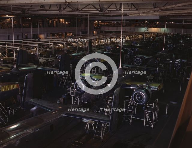 View of the B-25 final assembly line at North American Aviation's Inglewood, California, plant, 1942 Creator: Alfred T Palmer.