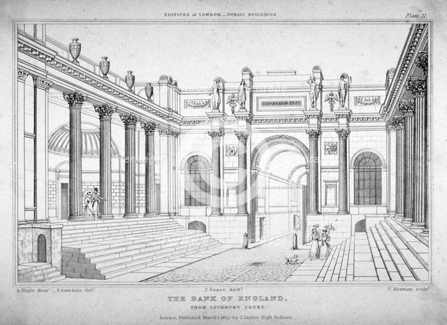 View of the Bank of England from Lothbury court, City of London, 1827.                     Artist: T Kearnan
