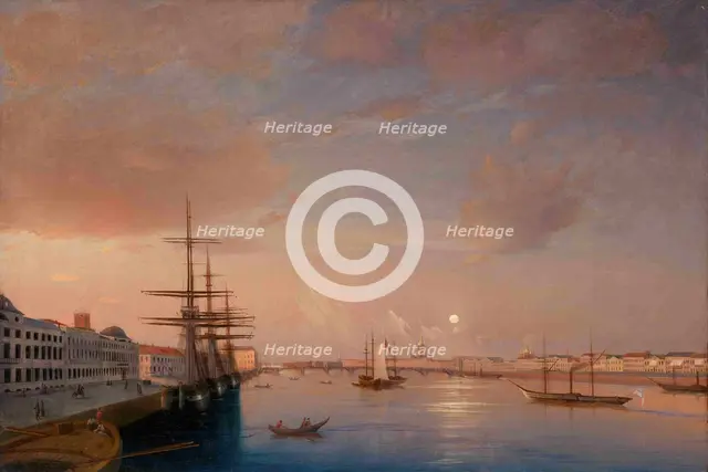 View of the Blagoveshchensky (Annunciation) Bridge and Nikolaevskaya Embankment, ca 1852. Artist: Vorobyev, Maxim Nikiphorovich (1787-1855)