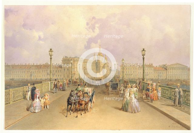 View of the Blagoveshchensky Bridge in Saint Petersburg, 1851. Artist: Sadovnikov, Vasily Semyonovich (1800-1879)