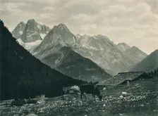View of the Brenta Group with alpine pasture, Madonna di Campiglio, Dolomites, Italy, 1927. Artist: Eugen Poppel