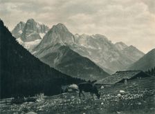 View of the Brenta Group with alpine pasture, Madonna di Campiglio, Dolomites, Italy, 1927. Artist: Eugen Poppel