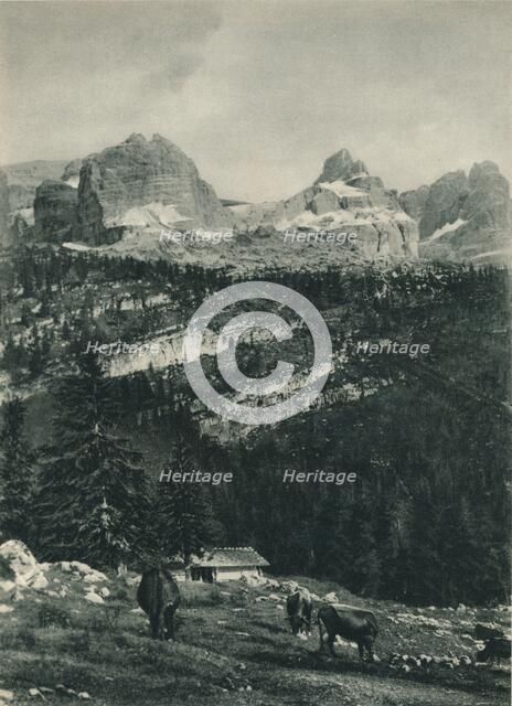 View of the Brenta Group with alpine pasture, Madonna di Campiglio, Dolomites, Italy, 1927. Artist: Eugen Poppel.