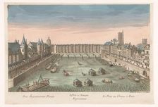View of the built -up Pont au Change over the Seine River in Paris, 1745-1775. Creator: Anon