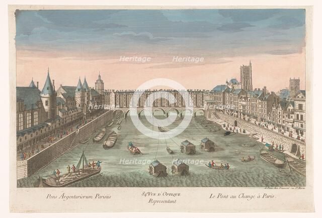 View of the built -up Pont au Change over the Seine River in Paris, 1745-1775. Creator: Anon.