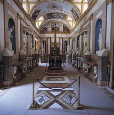 View of the gallery of statues at the Casita del Labrador (Farm worker little house) in the Royal…