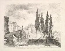 View of the gardens at the Villa d'Este in Tivoli, cyprus trees to right, a staircase lead..., 1764. Creator: Jean Claude Richard Saint-Non