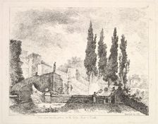 View of the gardens at the Villa d'Este in Tivoli, cyprus trees to right, a staircase lead..., 1764. Creator: Jean Claude Richard Saint-Non