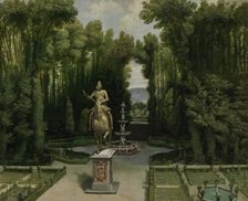 View of the gardens of the Casa de Campo with the statue of Philip III, c1634. Creator: Unknown