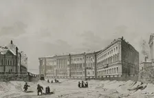 View of the General Staff Building on the bank of the Moyka River Canal, St Petersburg, Russia, 1839 Creator: Traversier