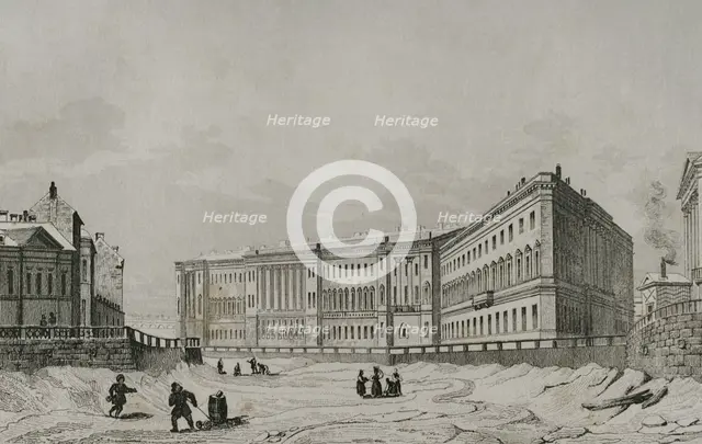 View of the General Staff Building on the bank of the Moyka River Canal, St Petersburg, Russia, 1839 Creator: Traversier.