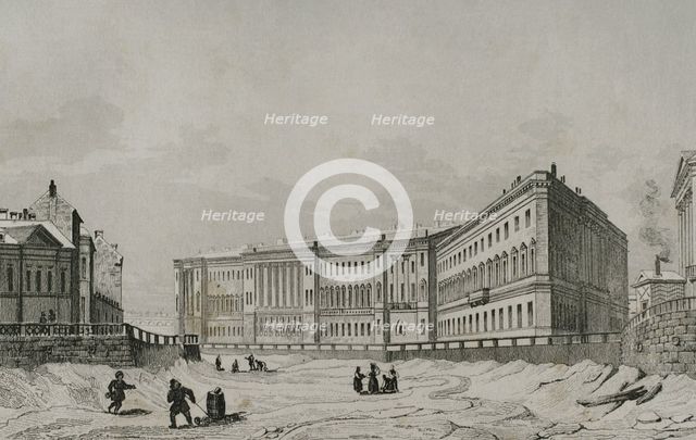 View of the General Staff Building on the bank of the Moyka River Canal, St Petersburg, Russia, 1839 Creator: Traversier.