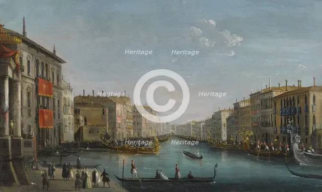 View of the Grand Canal from the Palazzo Balbi looking toward the Rialto Bridge with a Regatta.
