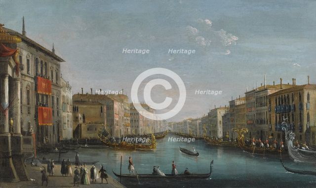 View of the Grand Canal from the Palazzo Balbi looking toward the Rialto Bridge with a Regatta.