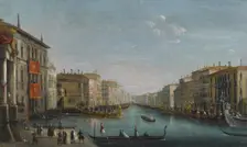 View of the Grand Canal from the Palazzo Balbi looking toward the Rialto Bridge with a Regatta