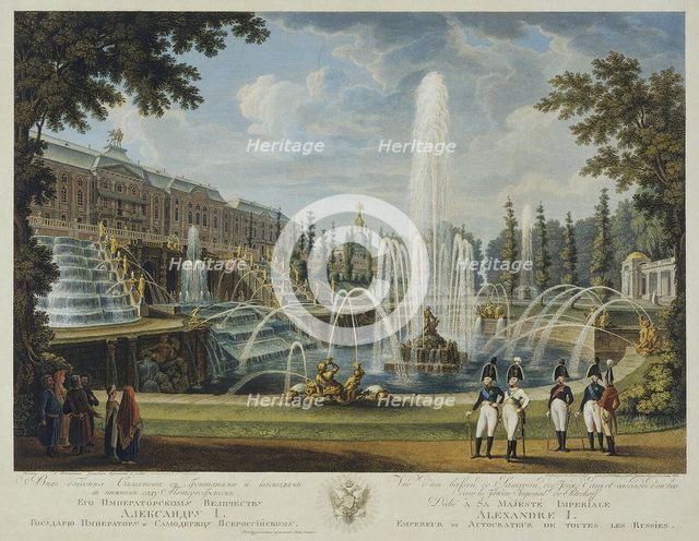 View of the Great Cascade, Samson Fountain and Great Palace at Peterhof, Early 19th cen.. Artist: Chessky (Cheskoy), Ivan Vasilievich (1782-1848)