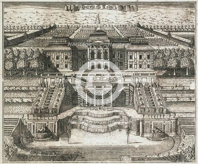 View of the Great Palace in Peterhof, 1717. Creator: Rostovtsev, Alexei Ivanovich (1670s-1730s).