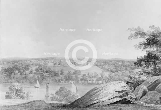 View of the David Hosack Estate at Hyde Park, New York, from Western Bank..., ca. 1832. Creator: Thomas Kelah Wharton.
