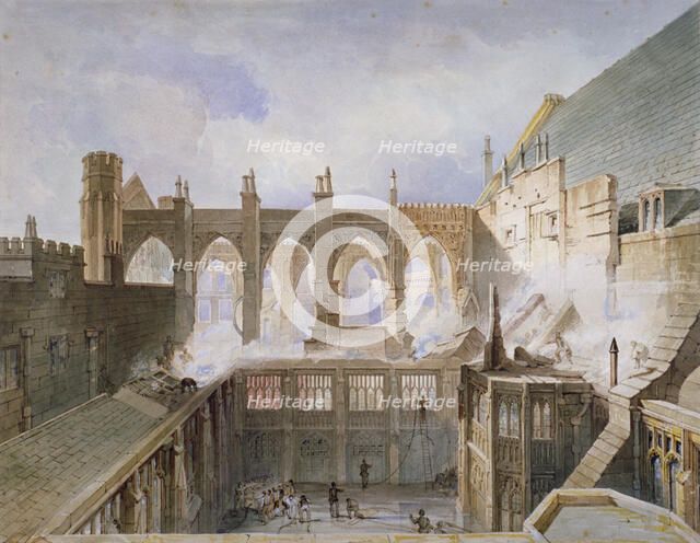 View of the destruction of St Stephen's Chapel, Palace of Westminster, London, 1834 Artist: John Taylor