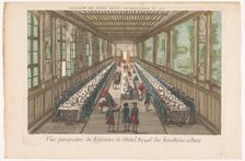 View of the dining room of the Hôtel des Invalides in Paris with a company of a meal, 1700-1799. Creator: Anon