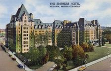 View of the Empress Hotel in Victoria, British Columbia, Canada, 1940
