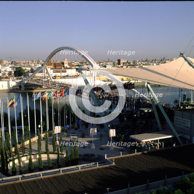 View of the entrance by the Barqueta bridge in the Universal Exhibition of Seville in 1992.