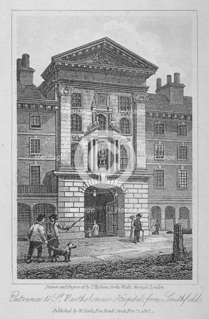 View of the entrance of St Bartholomew's Hospital from Smithfield, City of London, 1816. Artist: Thomas Higham