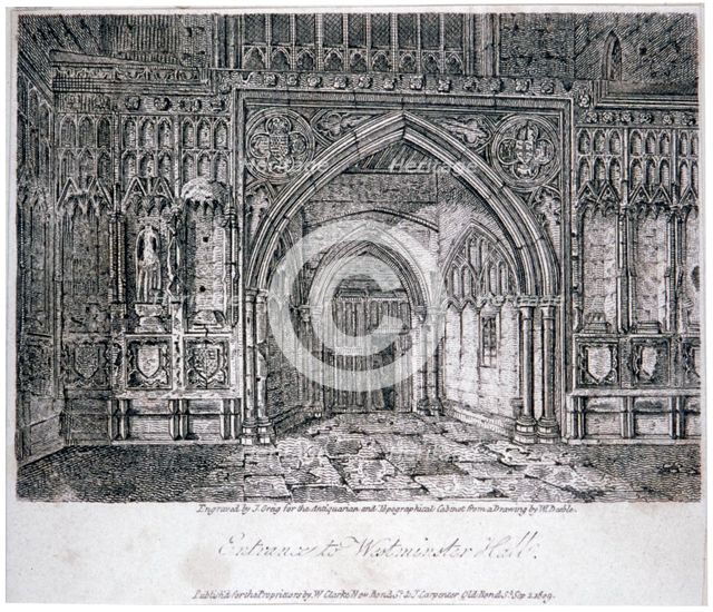 View of the entrance to Westminster Hall, London, 1809.                                     Artist: John Greig