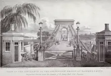 View of the entrance to the suspension bridge at Hammersmith... London, 1827. Artist: Thomas Mann Baynes