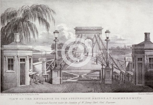 'View of the entrance to the suspension bridge at Hammersmith...', London, 1827. Artist: Thomas Mann Baynes