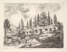 View of the entrance to Tivoli and the walls of the Villa d'Este, horsemen approac..., 18th century. Creator: Jean Claude Richard Saint-Non